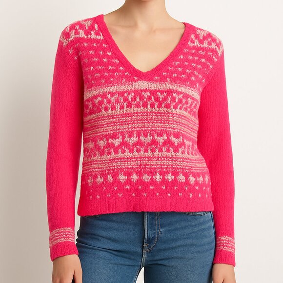 Aeropostale barbiecore knit vneck lightweight fair isle sweater size M pink - Picture 1 of 8